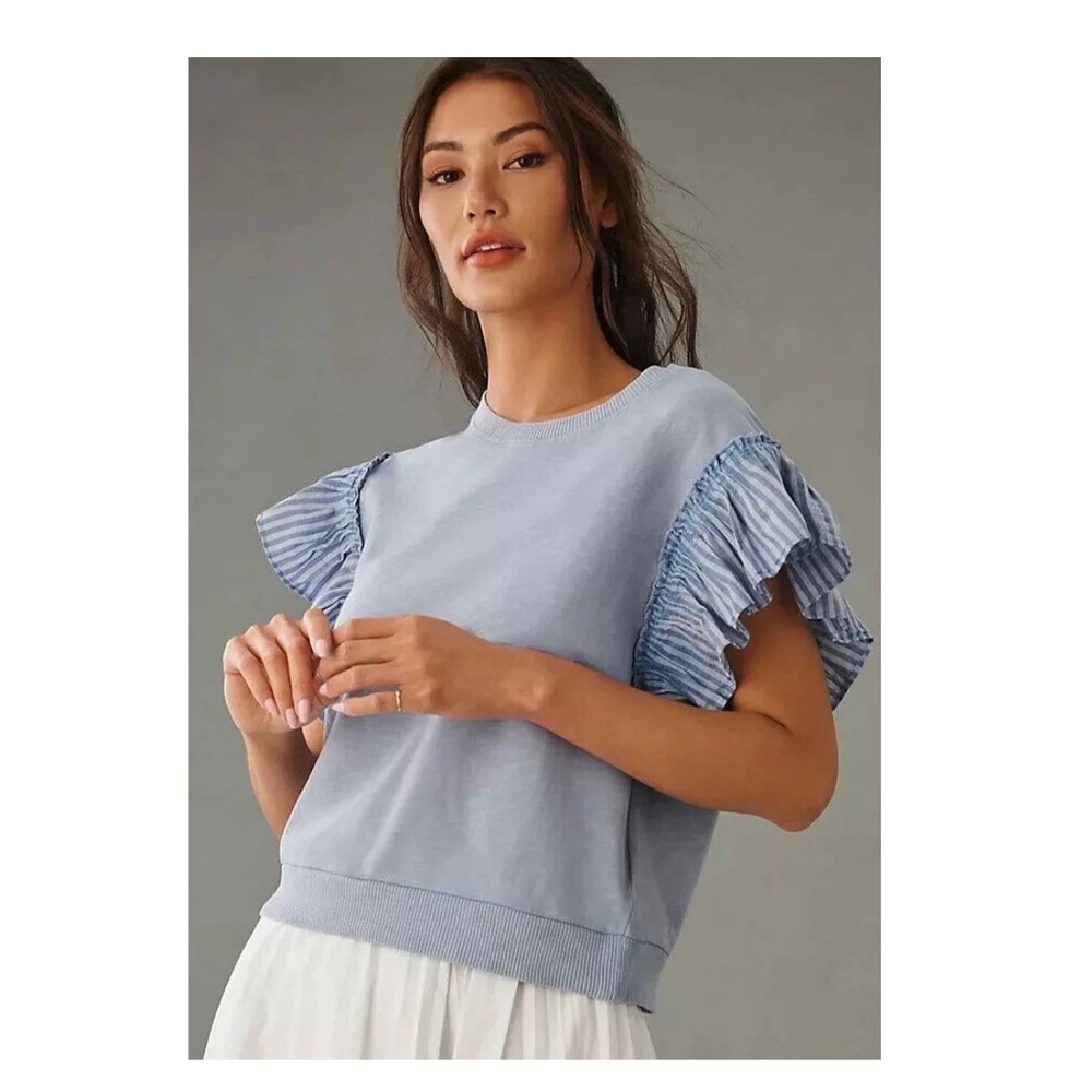 Pilcro Anthropologie Blue Ruffle Stripe Sleeve Sweatshirt Top Womens Medium
